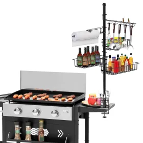 Griddle Caddy Standing Grill Utensil Caddy With Paper Towel Holder Hook Baskets BBQ Accessories Storage Rack Vertical Standing BBQ Organizer Gril (Color: Black)