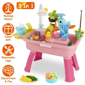 3 In 1 Kitchen Sink Toy With Electric Faucet Water Table Fishing Game Role Play Sink Set Indoor Outdoor For Kids Aged Years Old GPCT5464 (Color: pink)